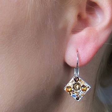 Náušnice se Swarovski Elements Rhodium čtvereček závěs - hnědooranžová