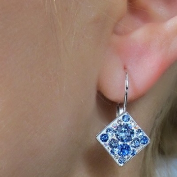 Náušnice se Swarovski Elements Rhodium čtvereček závěs - modrá