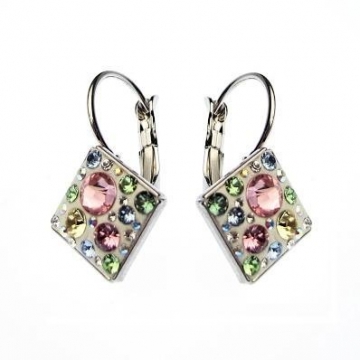 Náušnice se Swarovski Elements Rhodium čtvereček závěs - barevný