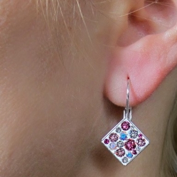 Náušnice se Swarovski Elements Rhodium čtvereček závěs - růžová