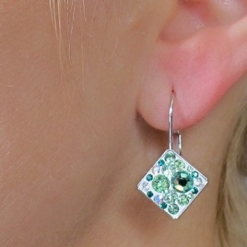 Náušnice se Swarovski Elements Rhodium čtvereček závěs - zelená