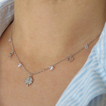 Dámský stříbrný náhrdelník přívěsky se zirkony Rhodium 40+5cm